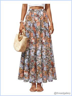 Chiffon Pleated Maxi Skirt High Waist Flared A-Line Long Skirt